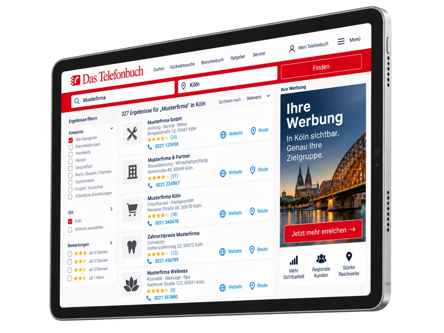 Das Telefonbuch auf dem Tablet: Trefferliste f&uuml;r K&ouml;ln, rechts neben den Ergebnissen ein Werbebanner mit dem K&ouml;lner Dom