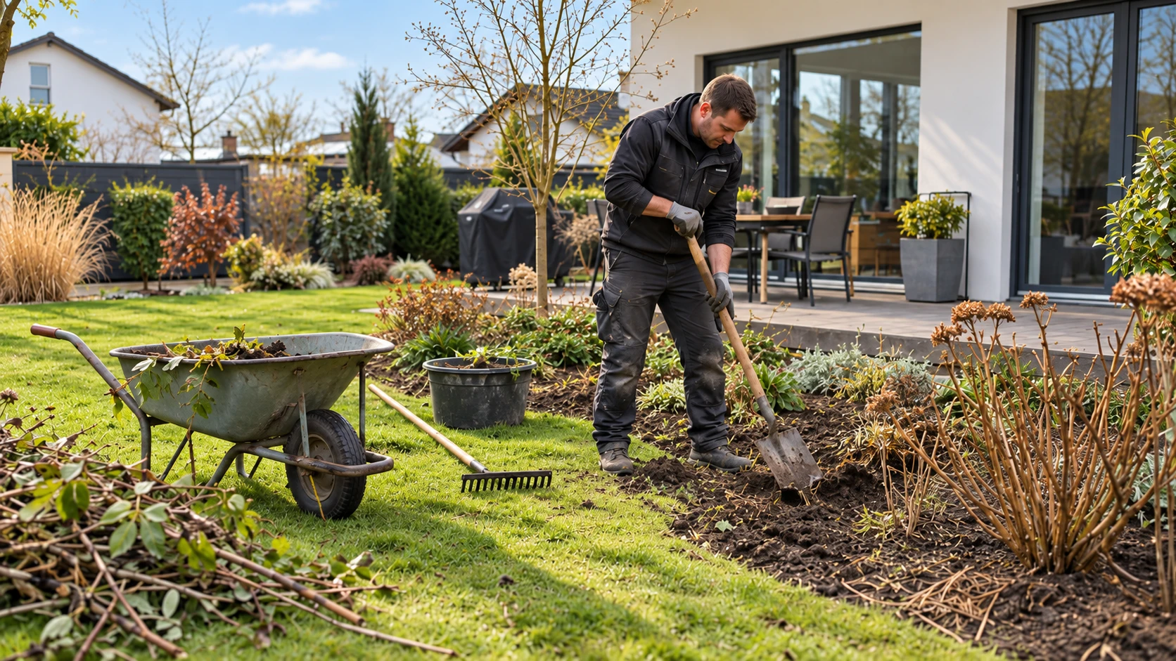 Nachher: derselbe Garten bei Sonne und blauem Himmel, Rasen und Pflanzen in kräftigen Farben