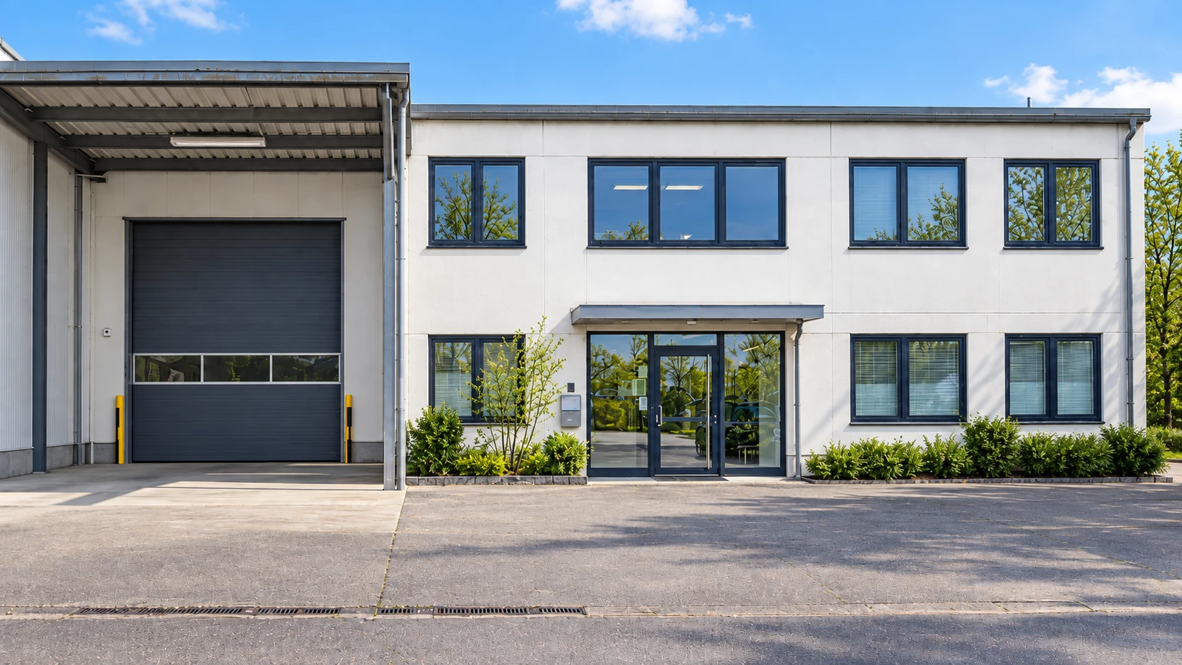 Nachher: dasselbe Gebäude bei blauem Himmel, der Hof aufgeräumt, vor der Fassade grüne Beete