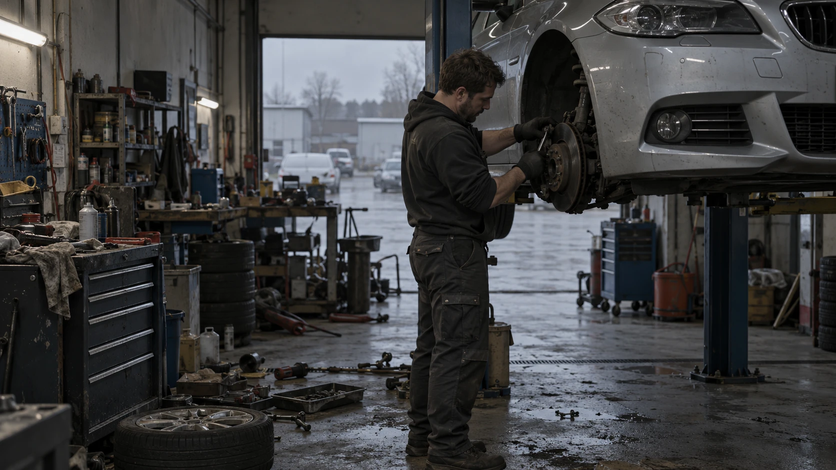 Vorher: Mechaniker an einem Auto auf der Hebebühne, die Werkstatt dunkel und unaufgeräumt, draußen Regen