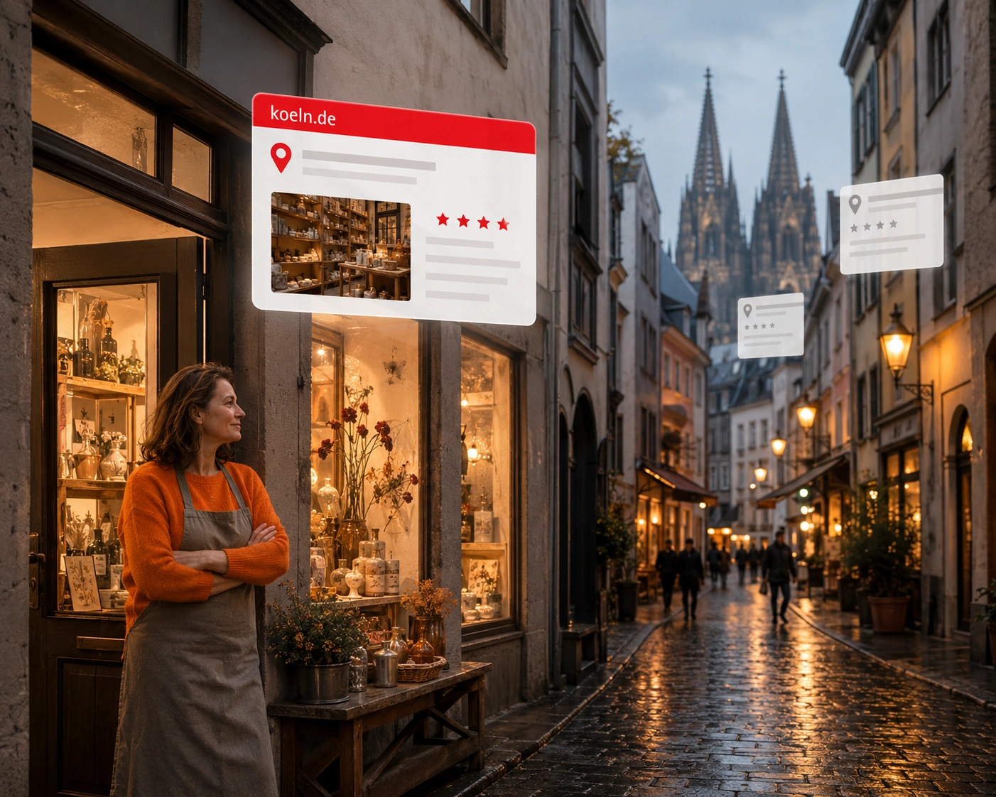 Ladeninhaberin vor ihrem Gesch&auml;ft in einer K&ouml;lner Altstadtgasse, dar&uuml;ber ihr hervorgehobener Eintrag auf koeln.de mit Foto und Bewertung, dahinter zwei blasse Eintr&auml;ge und der Dom