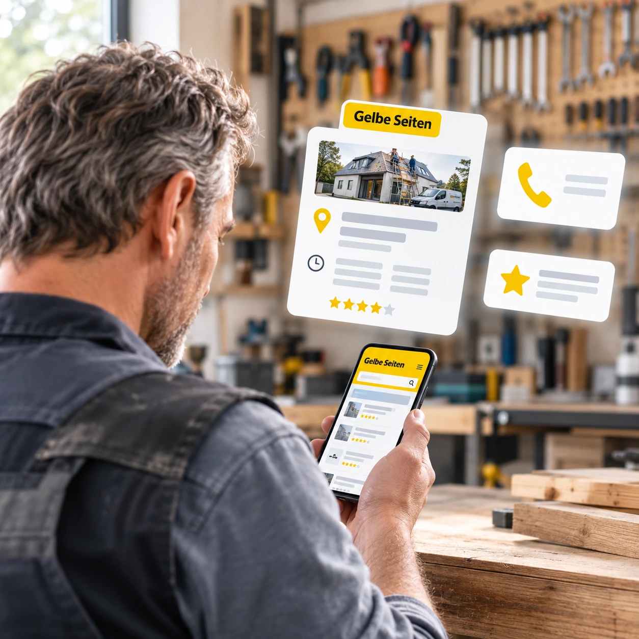 Handwerker sieht seinen Gelbe-Seiten-Eintrag auf dem Smartphone, daneben Firmeneintrag mit Foto, Telefonnummer und Bewertung