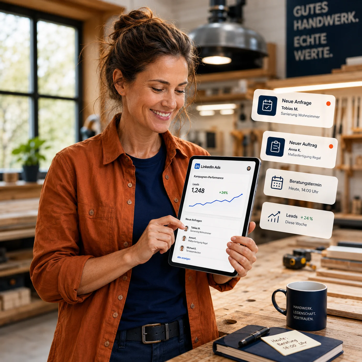 Handwerkerin in ihrer Werkstatt sieht auf einem Tablet die neuen Anfragen aus ihrer LinkedIn-Kampagne