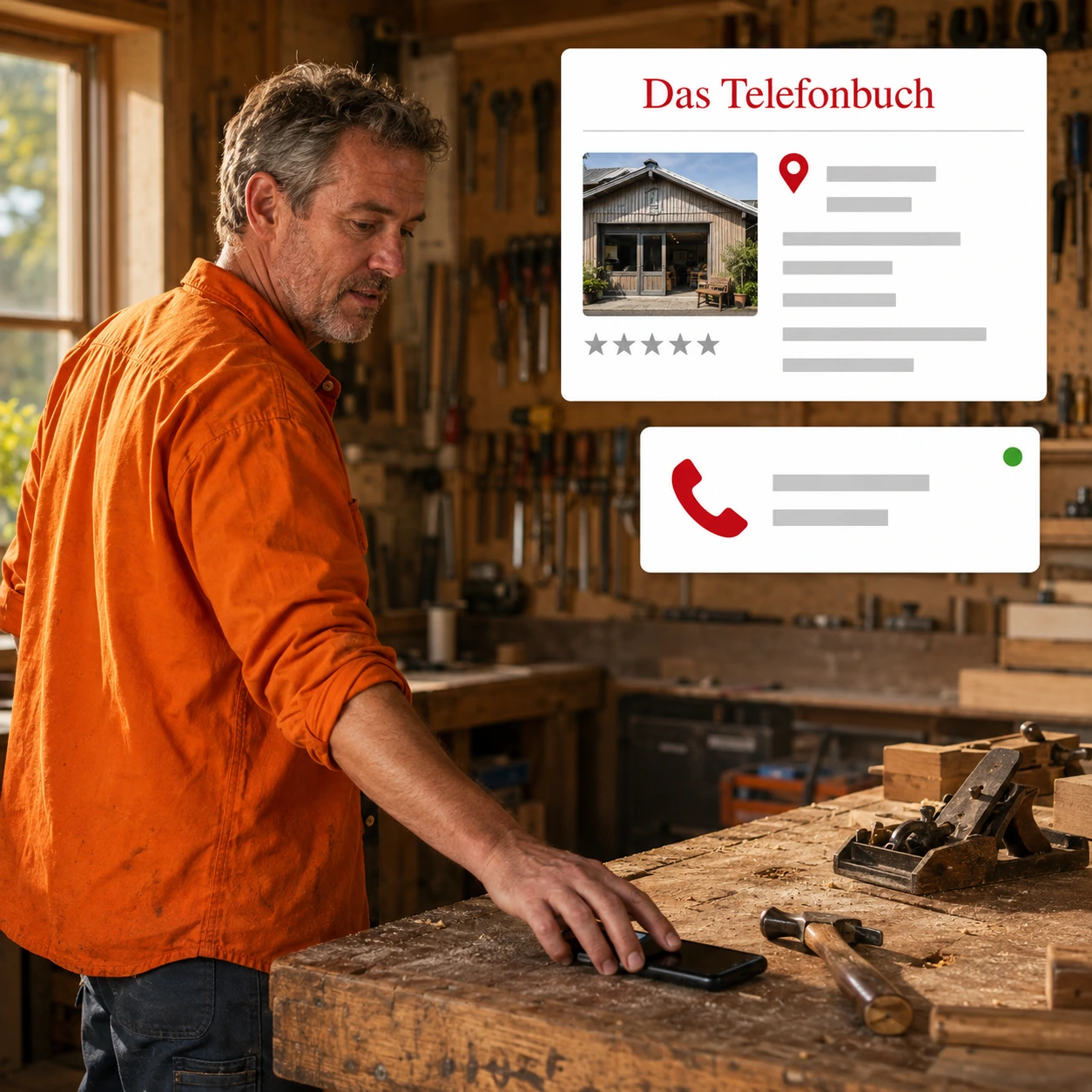 Handwerker in der Werkstatt greift zum Telefon, daneben sein Eintrag bei Das Telefonbuch und ein eingehender Anruf