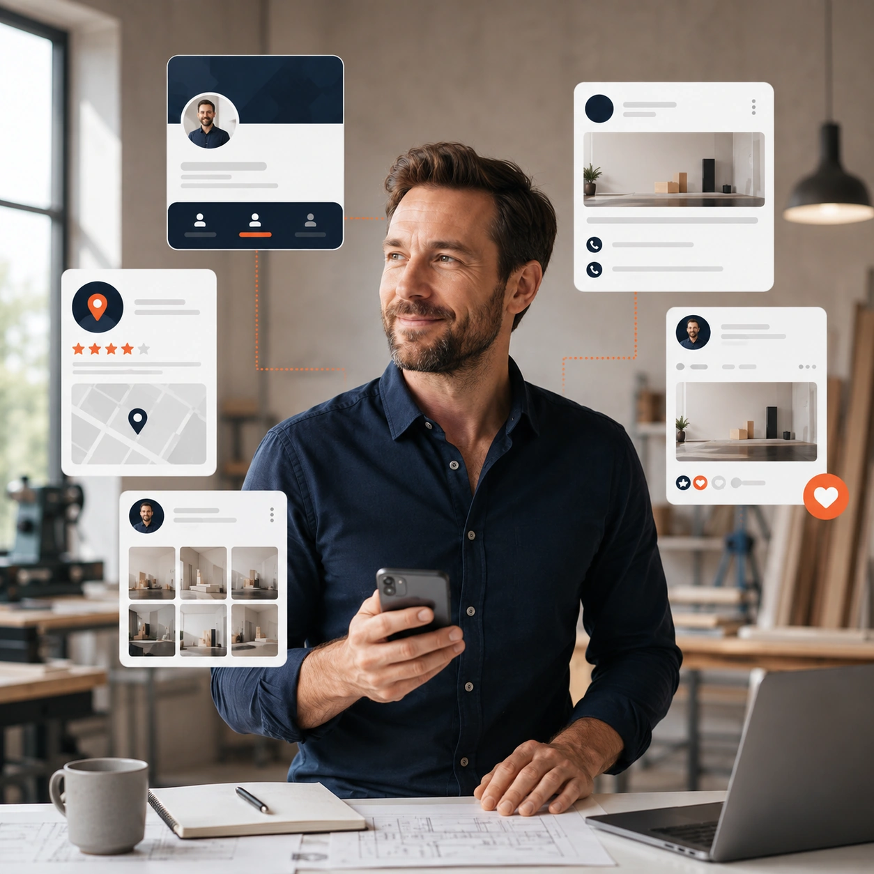 Handwerker am Arbeitsplatz, um ihn herum seine Profile bei Google, Facebook und Instagram
