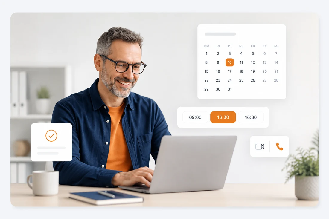Ein Unternehmer bucht am Laptop einen Beratungstermin; daneben Kalender, Uhrzeiten und die Wahl zwischen Videogespr&auml;ch und Telefon.