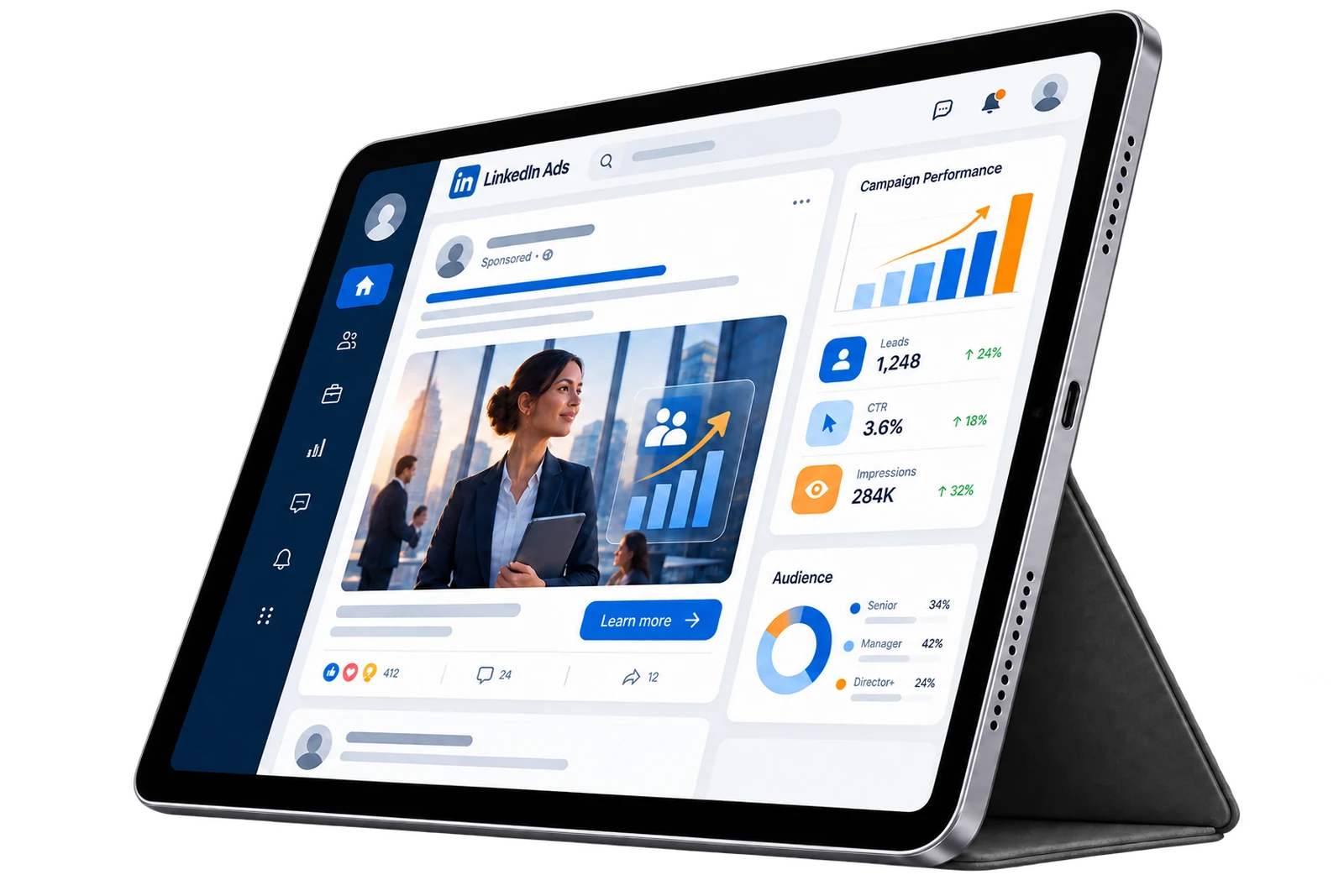 LinkedIn-Ads-Oberfläche auf einem Tablet: eine gesponserte Anzeige neben der Kampagnen-Auswertung