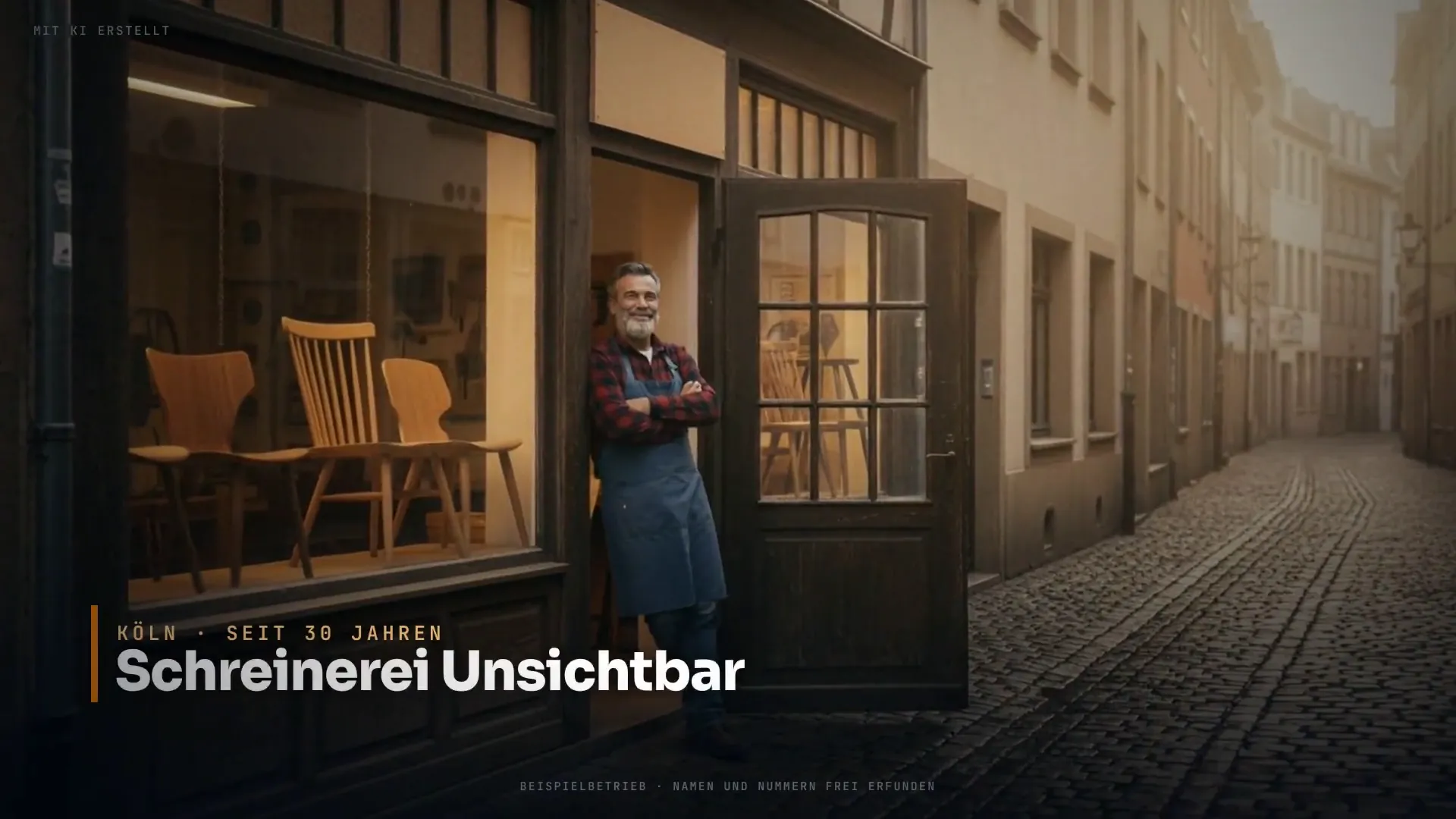 Standbild des Films: Ein Schreiner steht vor seiner Werkstatt in Köln – der Beispielbetrieb Schreinerei Unsichtbar