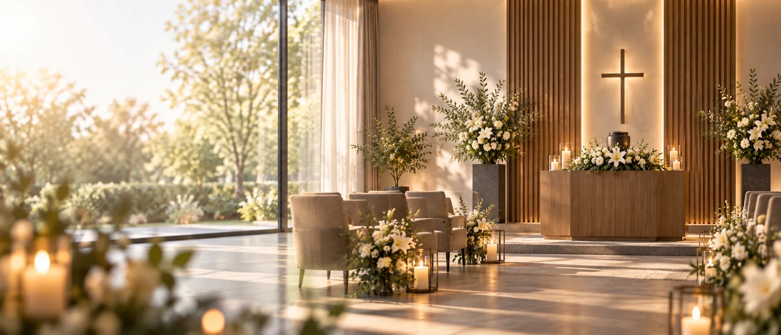 Helle Trauerhalle mit warmem Lichteinfall, Kerzen und Blumenschmuck