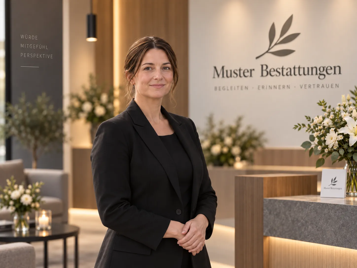 Porträt von Anna Musterfrau im Empfangsbereich