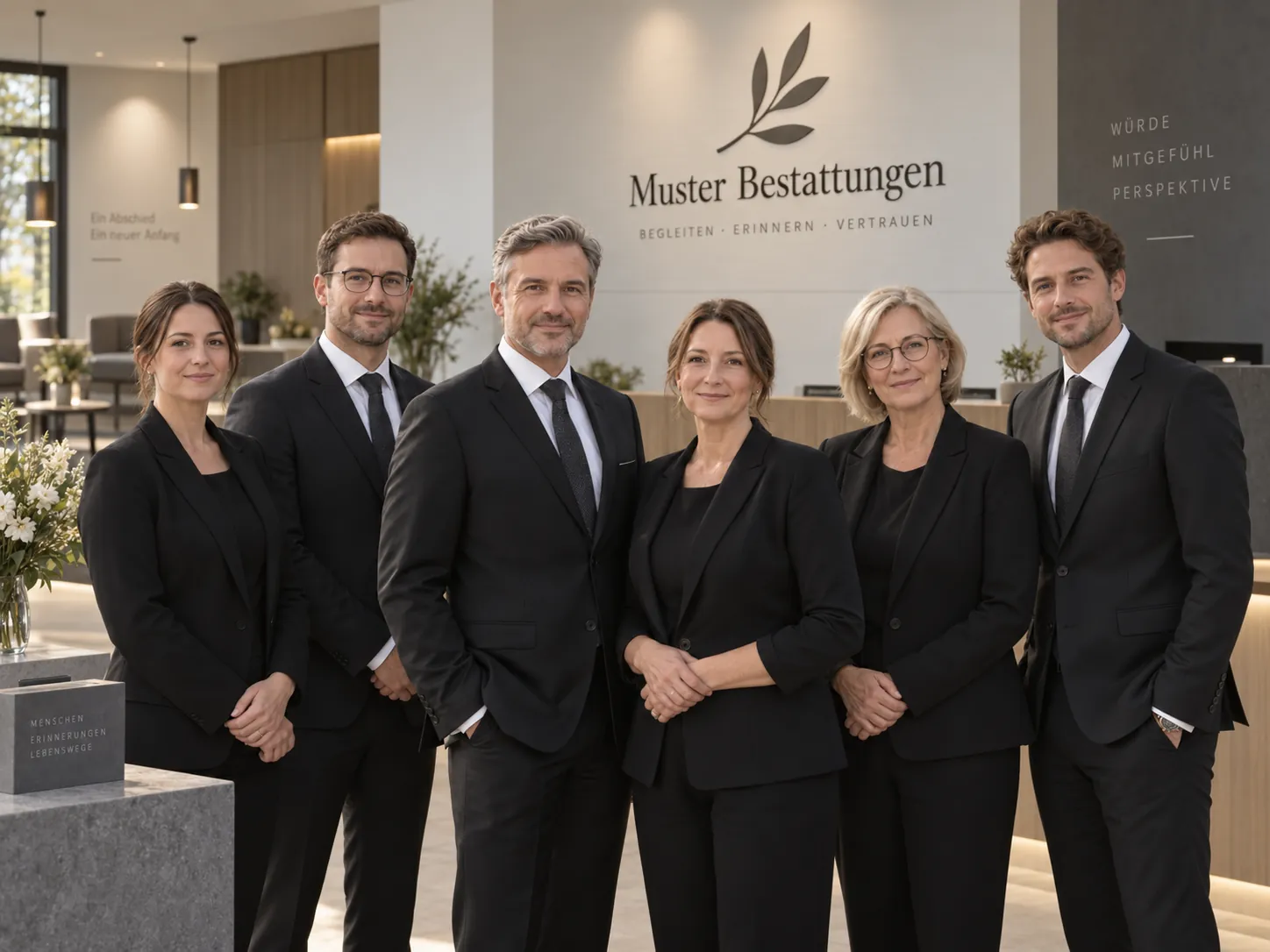 Das sechsköpfige Team von Muster Bestattungen im Empfangsbereich