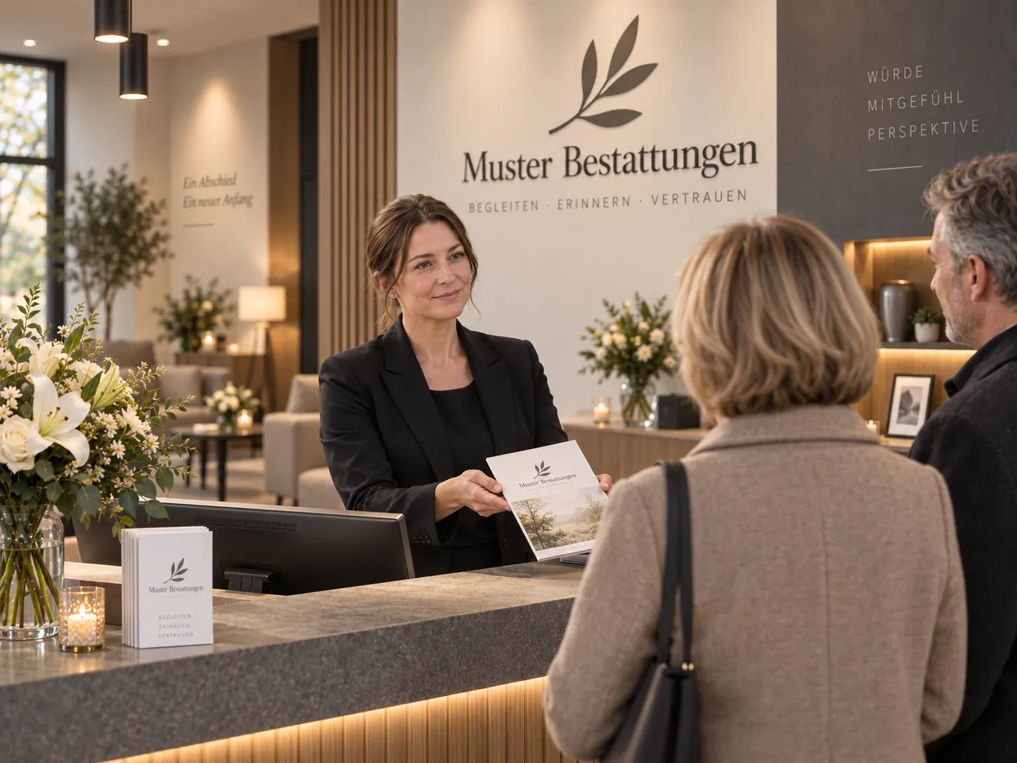Freundliche Begrüßung und Übergabe von Informationen am Empfang