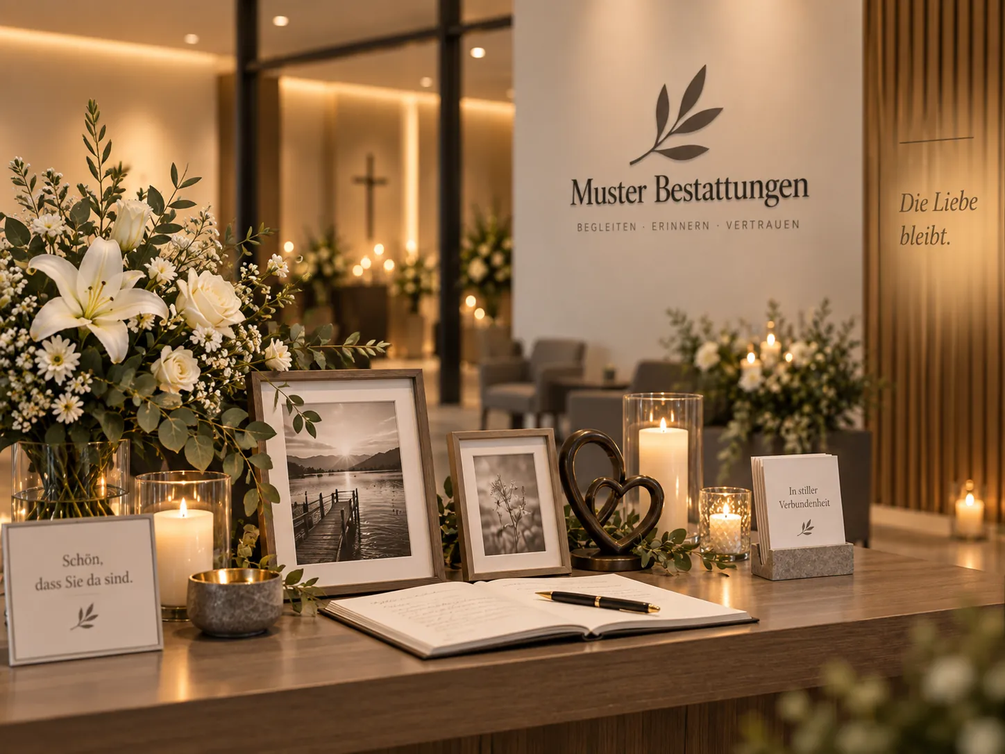 Gedenkbereich mit Kerzen, Fotos, Blumen und Kondolenzbuch