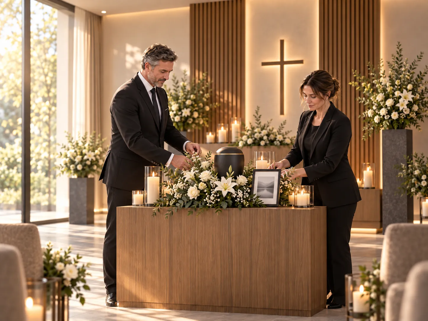 Vorbereitung einer Urnenfeier mit Blumen, Kerzen und Erinnerungsfoto