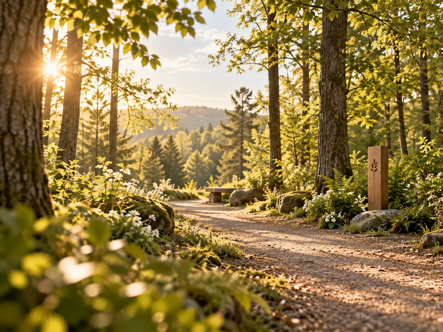 Sonniger Waldweg mit Gedenkpfosten