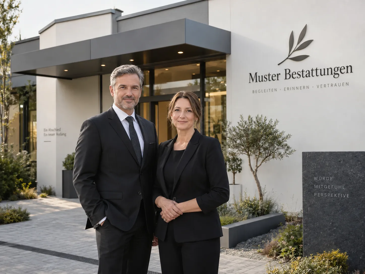 Martin Mustermann und Anna Musterfrau, Geschäftsführung von Muster Bestattungen, vor dem Bestattungshaus