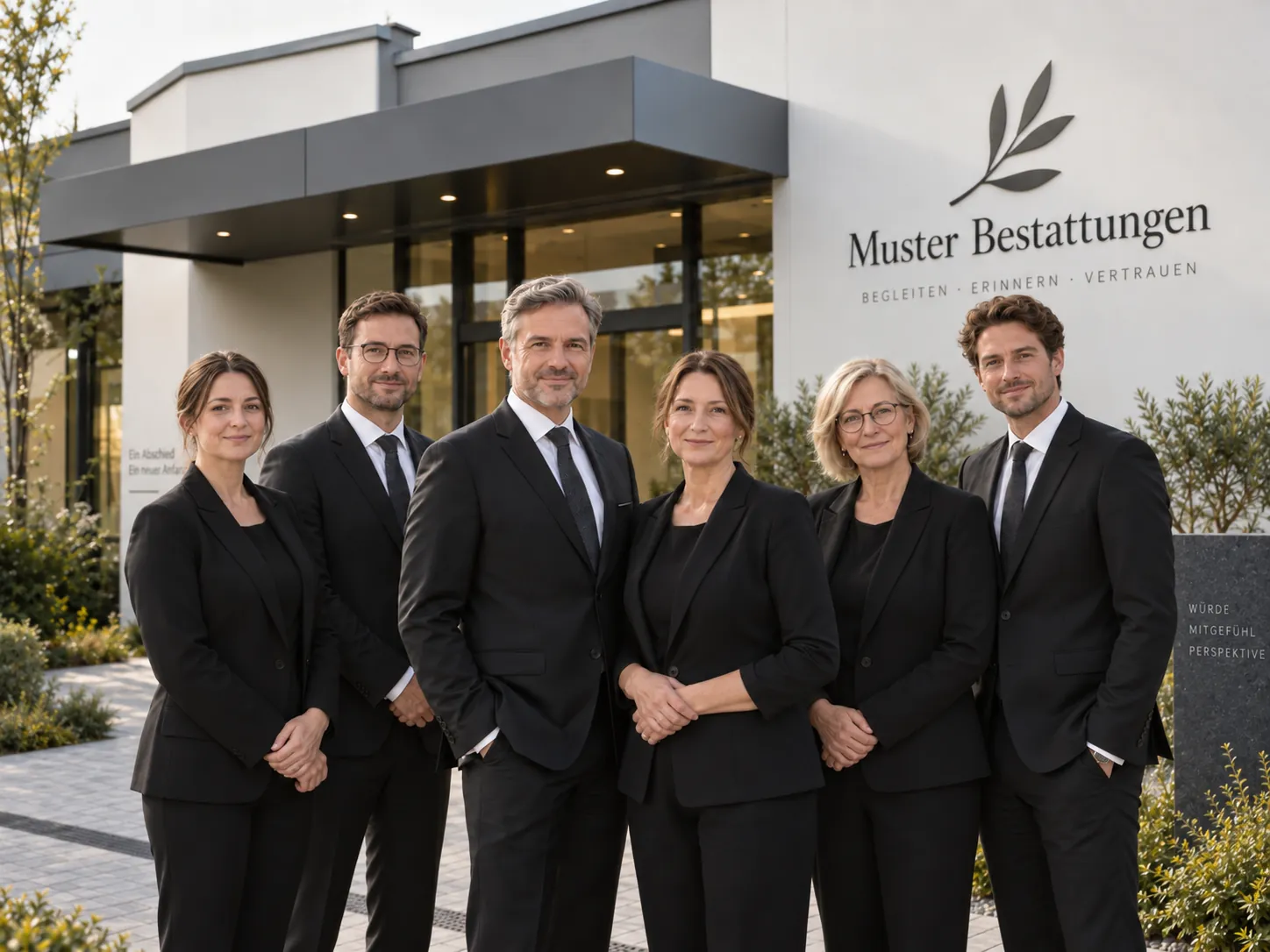Das Team von Muster Bestattungen vor dem Bestattungshaus im Sonnenlicht
