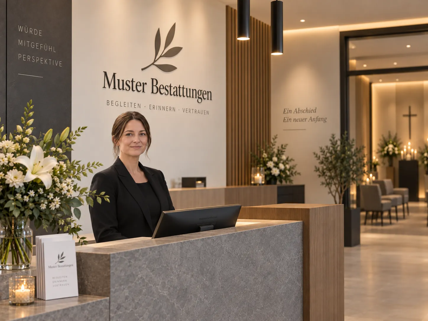 Freundliche Mitarbeiterin am Empfang von Muster Bestattungen