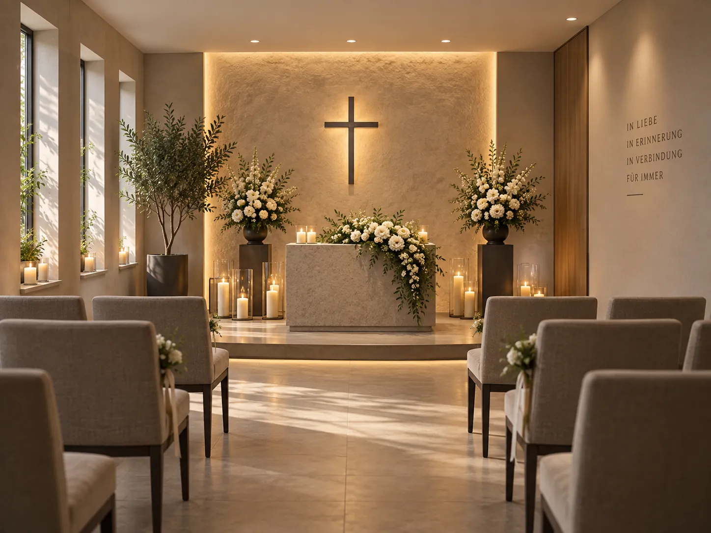 Heller Abschiedsraum mit Kreuz, Kerzen, weißen Blumen und wenigen Stuhlreihen