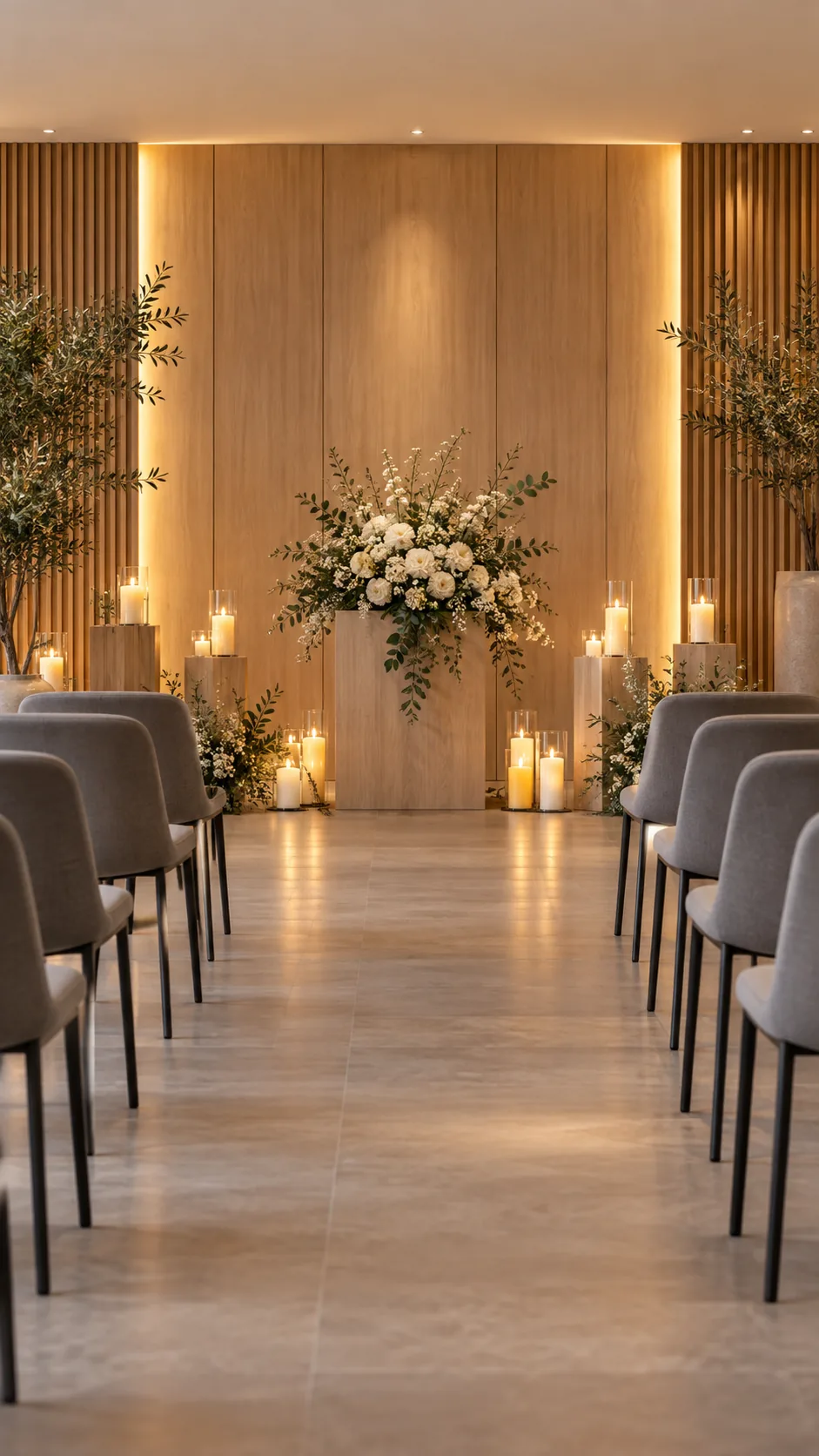 Altar im Trauerraum mit Holzlamellen, Kerzen und weißen Blumen