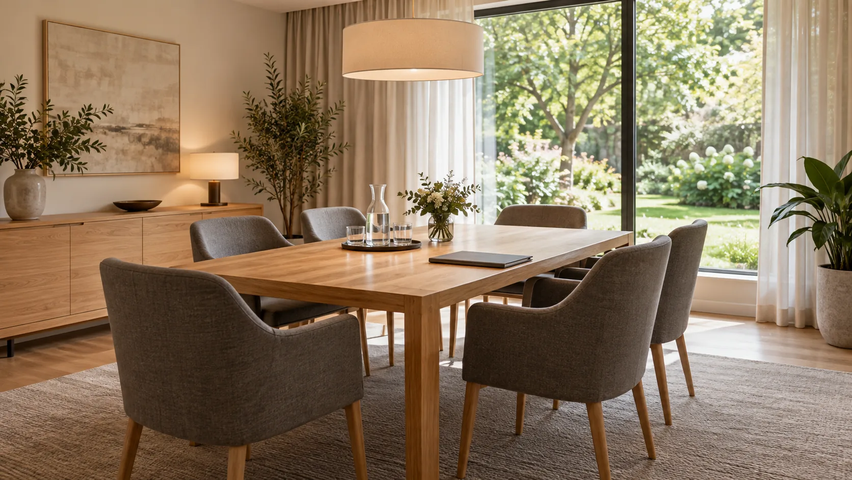 Beratungsraum mit großem Holztisch und Blick in den Garten