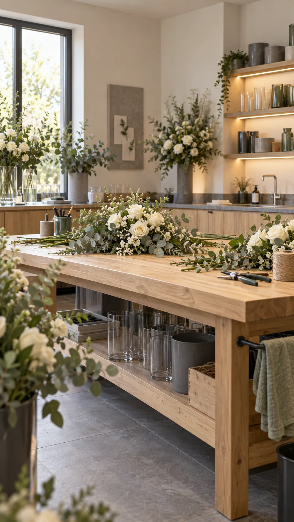 Floristikwerkstatt mit weißen Blumenarrangements und Kränzen