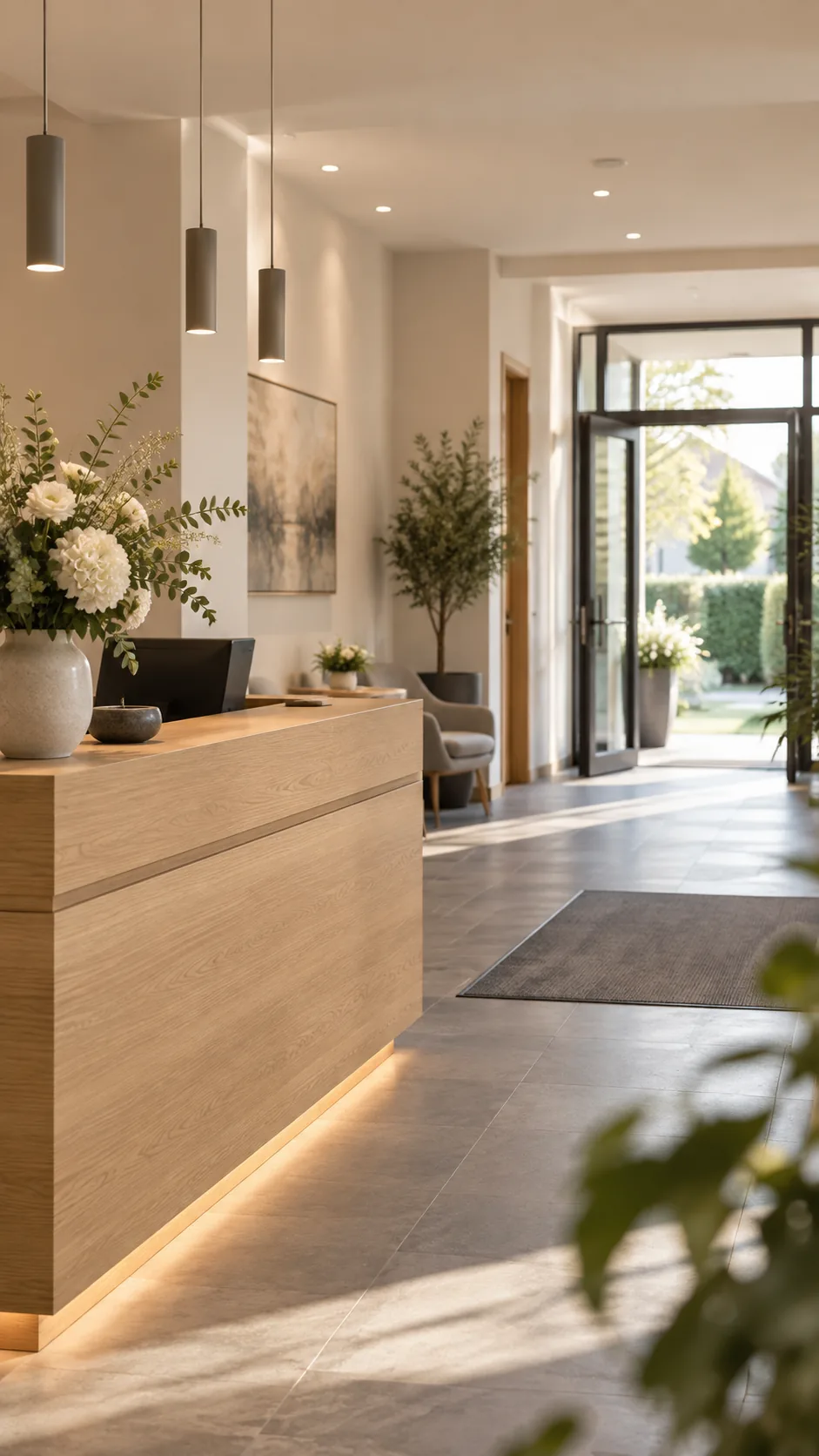 Foyer mit Durchgang zum Eingang, Pflanzen und Hängeleuchten