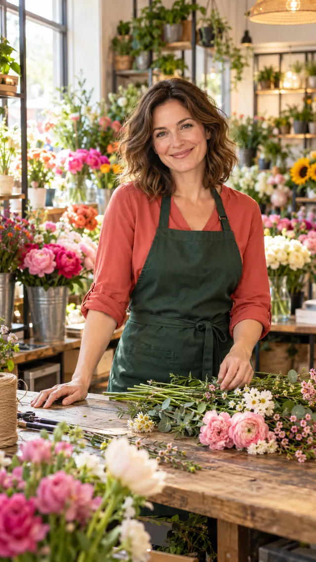 Anna Mustermann, Inhaberin und Floristin, am Arbeitstisch zwischen frischen Blumen