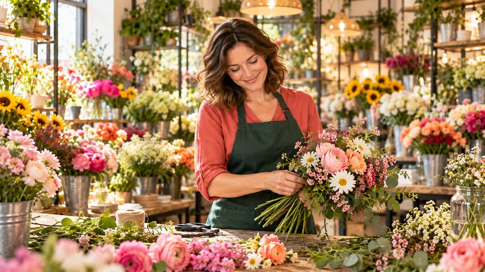 Anna Mustermann bindet einen Blumenstrauß mit Rosen, Margeriten und Zweigen
