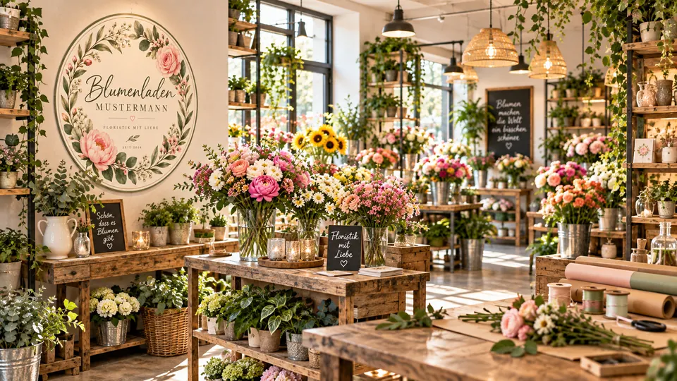 Stimmungsbild aus dem Blumenladen mit Holzmöbeln, Blumen und Pendelleuchten