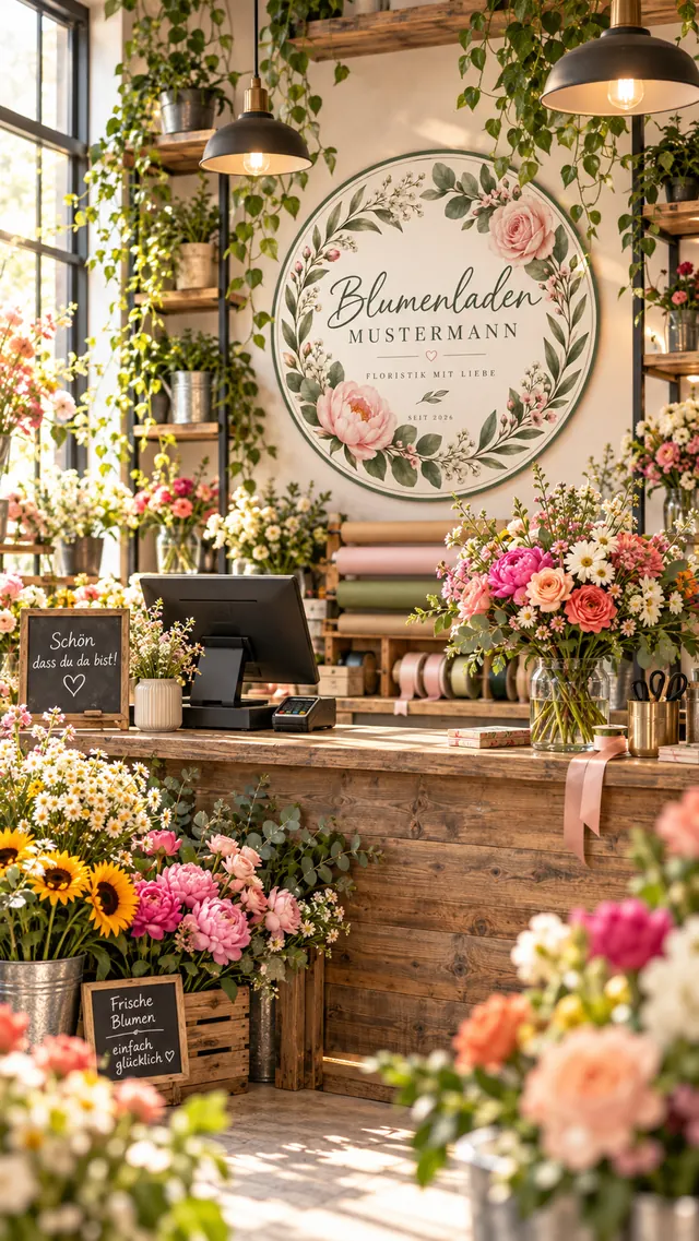Kassentresen mit rundem Logo-Schild und Blumengestecken