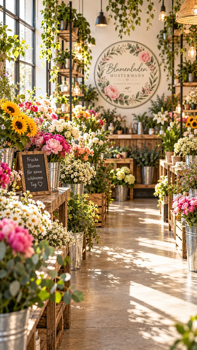 Innenraum des Blumenladens mit Blumeneimern und Holzregalen