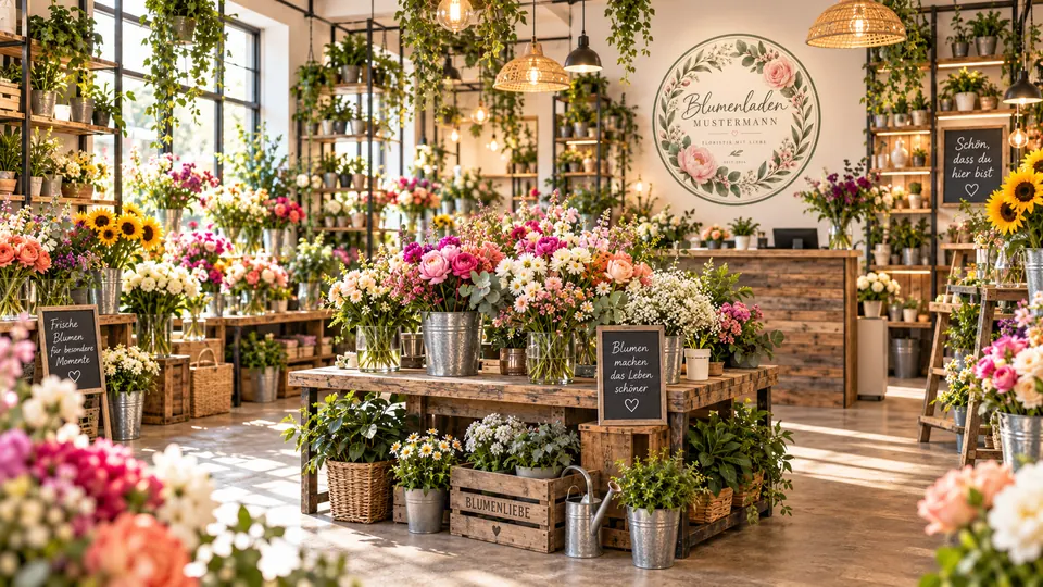 Gesamtansicht des Blumenladens mit Holztischen, Pflanzen und hohen Fenstern