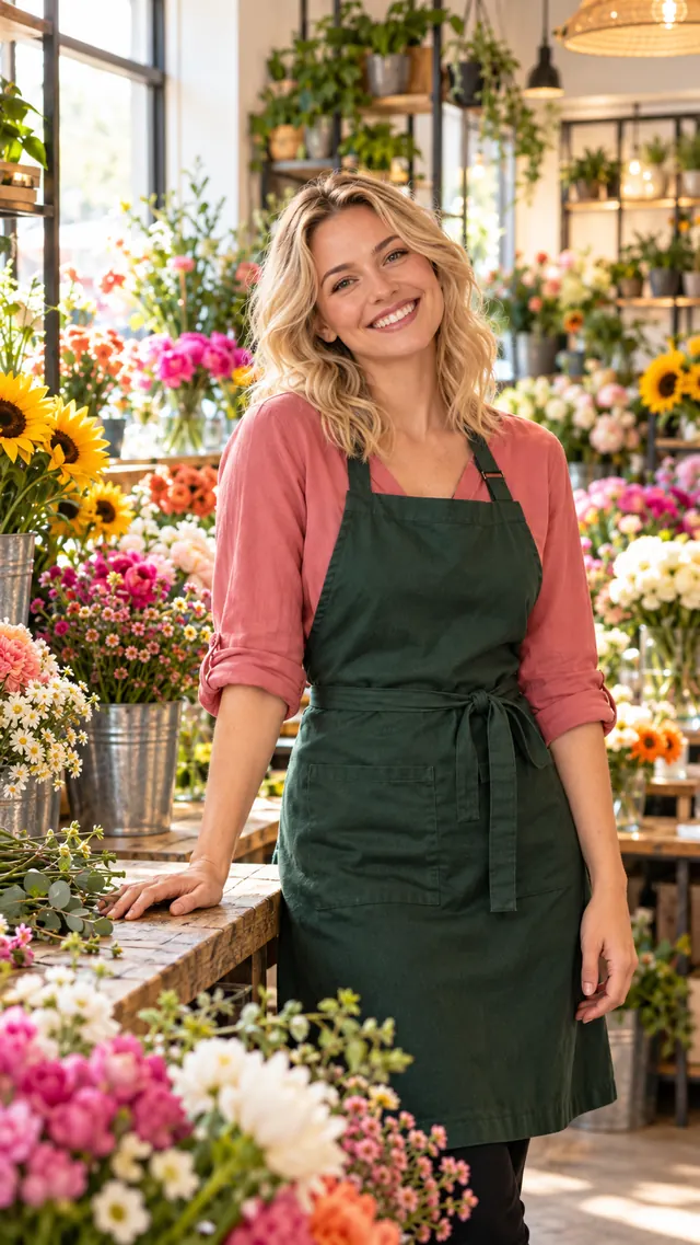 Julia Musterfrau, Floristin, lächelnd im Blumenladen