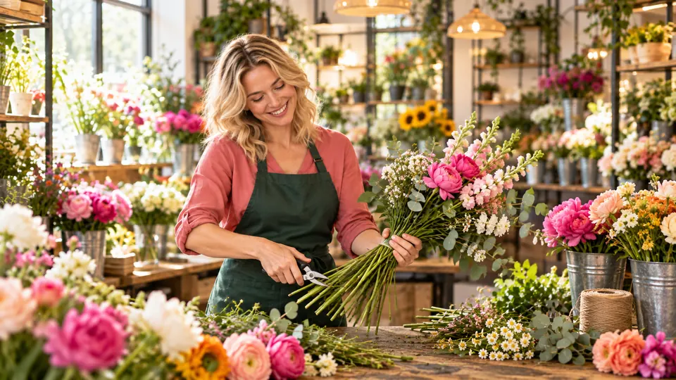 Julia Musterfrau schneidet Blumen für einen Strauß zurecht