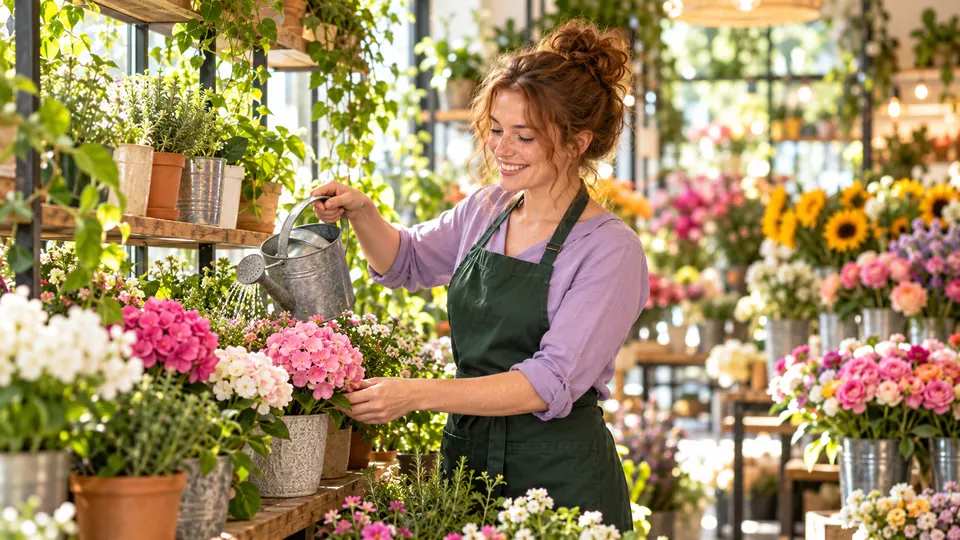 Sophie Mustermann gießt Pflanzen im Regal des Blumenladens