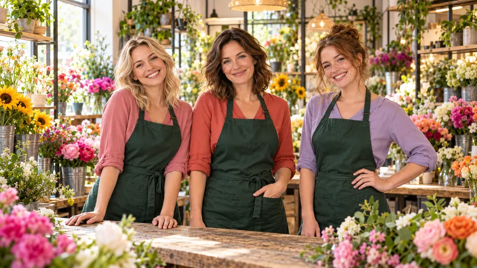 Das Team des Blumenladens: Julia, Anna und Sophie in grünen Schürzen am Holztisch