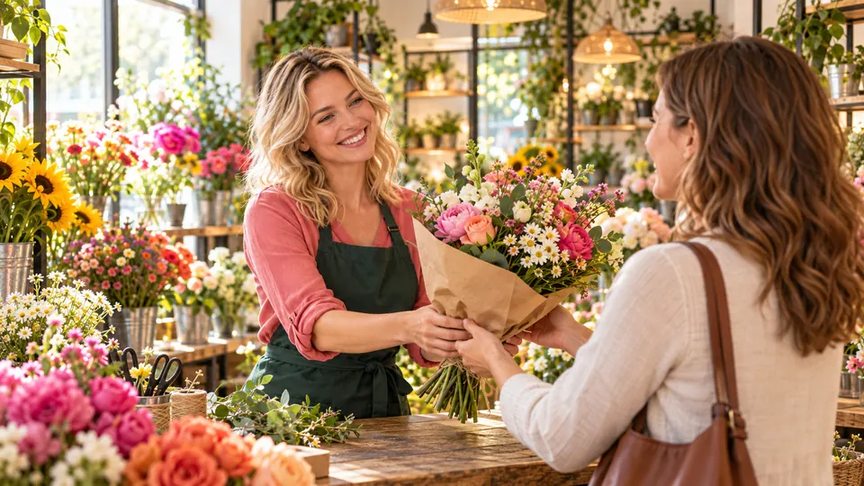 Julia Musterfrau übergibt einer Kundin einen fertig verpackten Blumenstrauß
