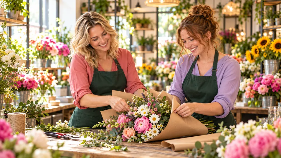 Julia und Sophie verpacken einen Blumenstrauß in Kraftpapier