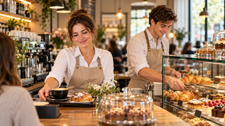 Anna serviert einen Kaffee mit Gebäck, Jonas legt Croissants in die Vitrine.