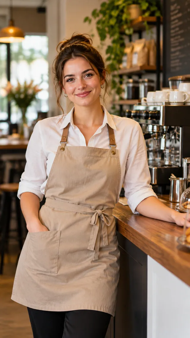 Anna Musterfrau, Barista, lächelnd in heller Schürze im Café Muster.