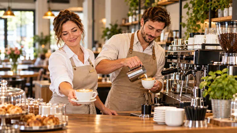 Clara reicht eine Tasse Cappuccino, Lukas gießt Milch in eine Tasse – Barista bei der Kaffeezubereitung.