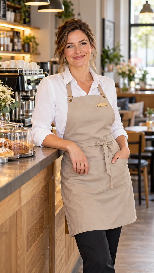 Clara Musterfrau, Inhaberin, lächelnd in heller Schürze im Café Muster.