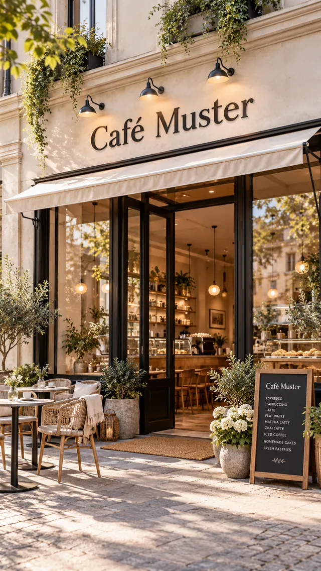 Außenansicht des Café Muster in Musterstadt: Eingang mit Markise, Pflanzen, Kreidetafel und Tischen auf dem Gehweg.
