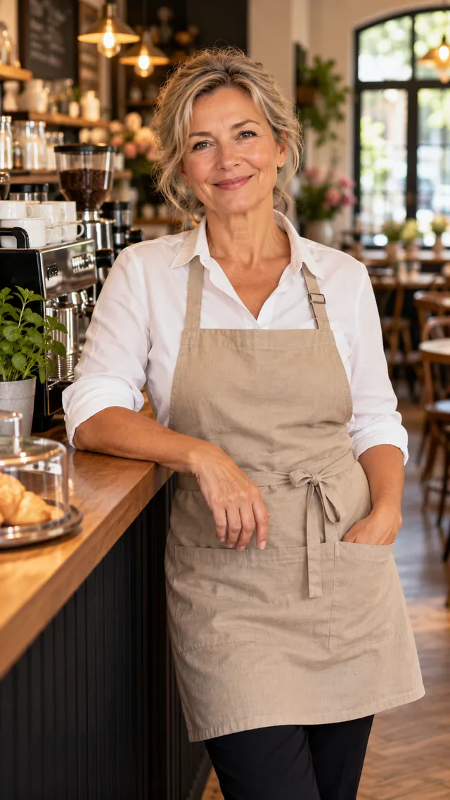 Elena Musterfrau, Service, lächelnd in heller Schürze im Café Muster.