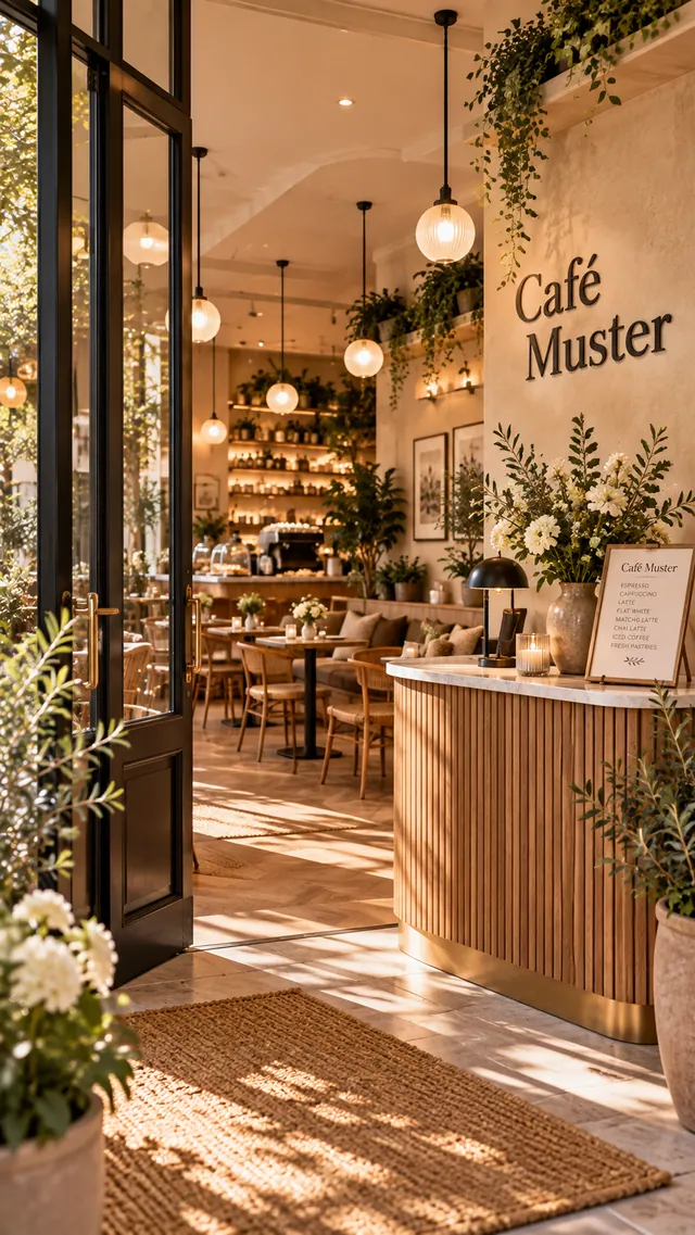 Eingangsbereich mit hellem Holztresen, Kuchenvitrine und dem Schriftzug Café Muster an der Wand.
