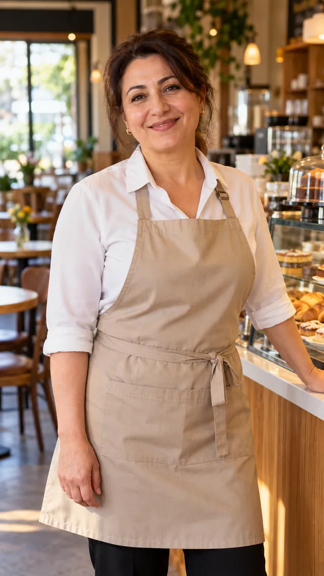 Fatma Musterfrau, Service, lächelnd in heller Schürze im Café Muster.
