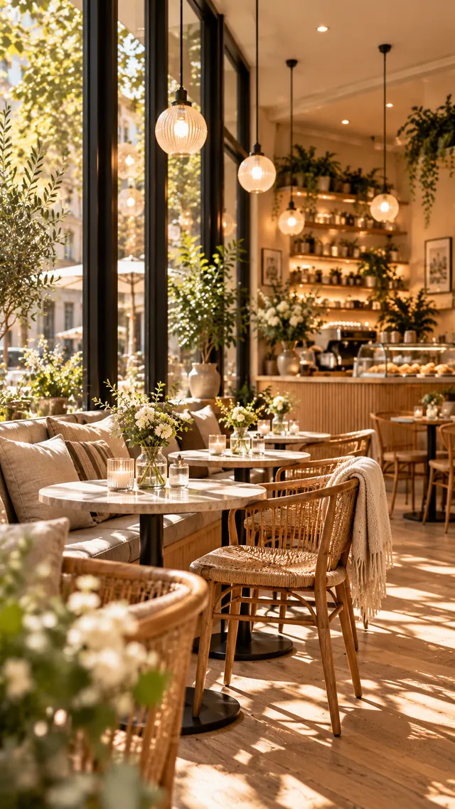 Gemütlicher Gästebereich im Café Muster mit Fensterplätzen, Polsterbank, Kissen und Korbstühlen.