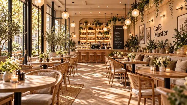 Gastraum des Café Muster mit Holztischen, Korbstühlen, Pflanzen und großen Fenstern im warmen Nachmittagslicht.