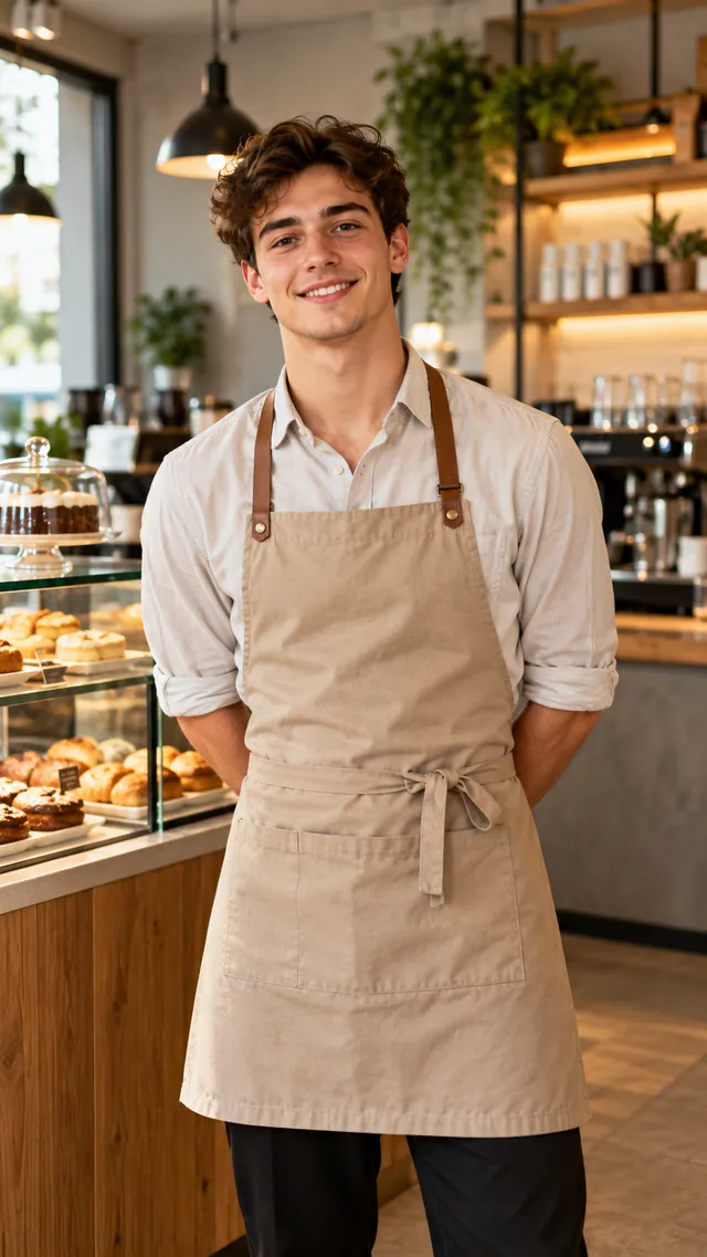 Jonas Mustermann, Service & Theke, lächelnd in heller Schürze im Café Muster.
